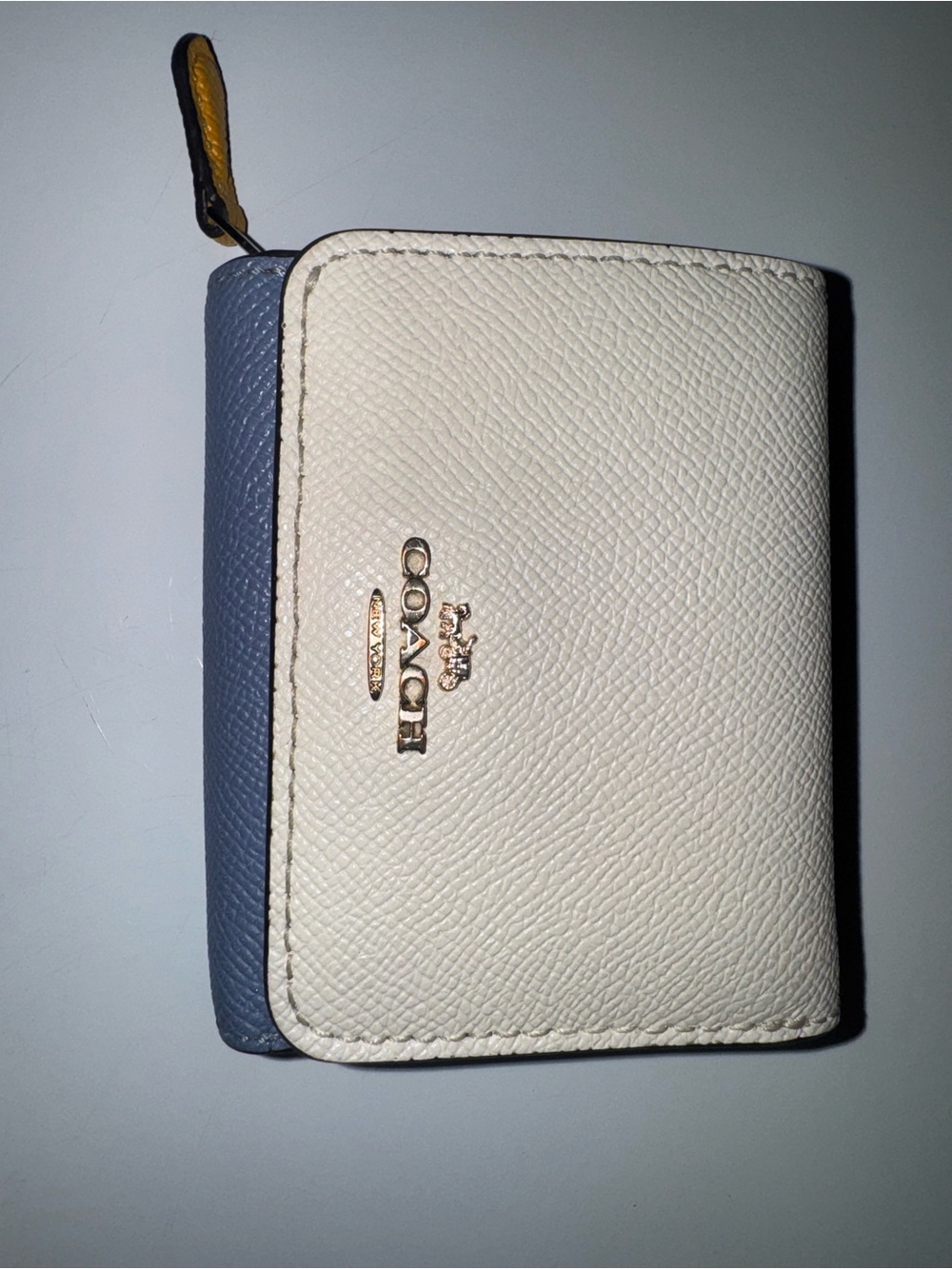 Coach Cream and Blue Leather Zip Card Wallet with Gold Logo